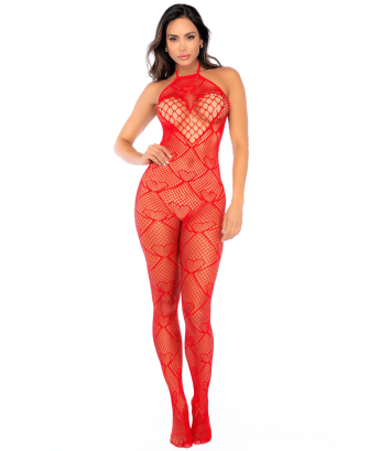 Bodystocking en résille rouge à motif cœur, orné de strass, ouvert à l’entrejambe - Mapalé